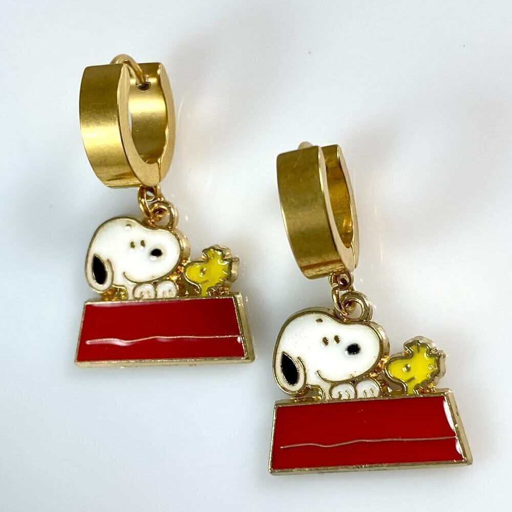 Snoopy Dog & Woodstock on Stainless Steel Huggie Hoop Earrings